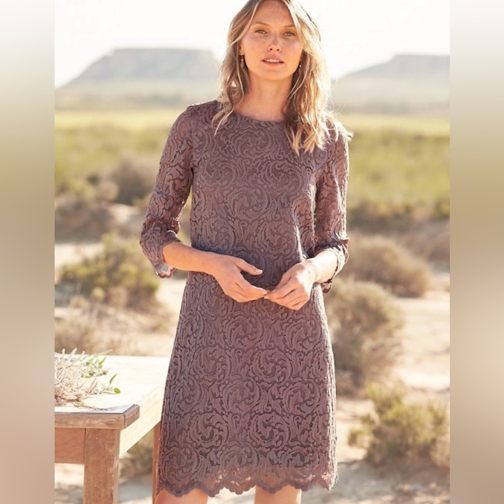 Garnet Hill Women's Scoop-Neck Lace Sheath Dress Dusty Brown Taupe Sz 8 Cocktail